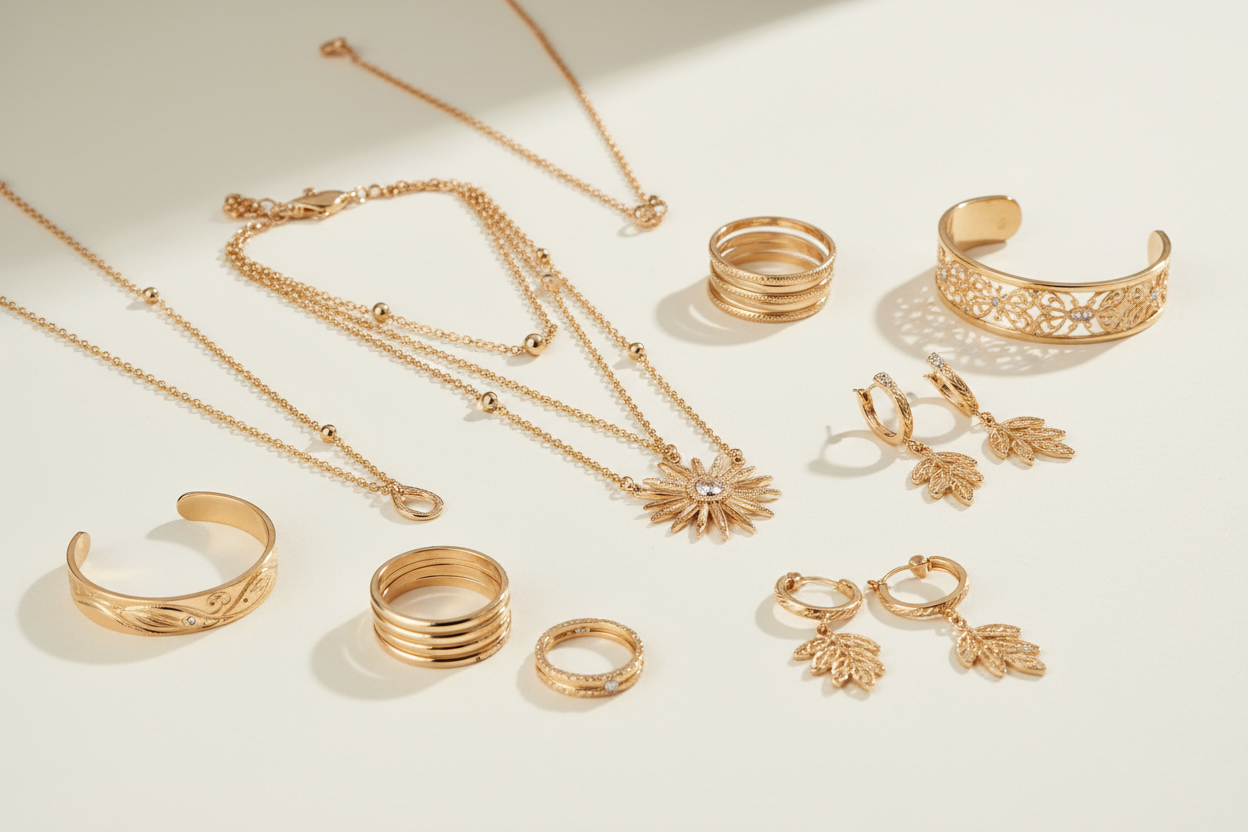 gold jewelry in a light background